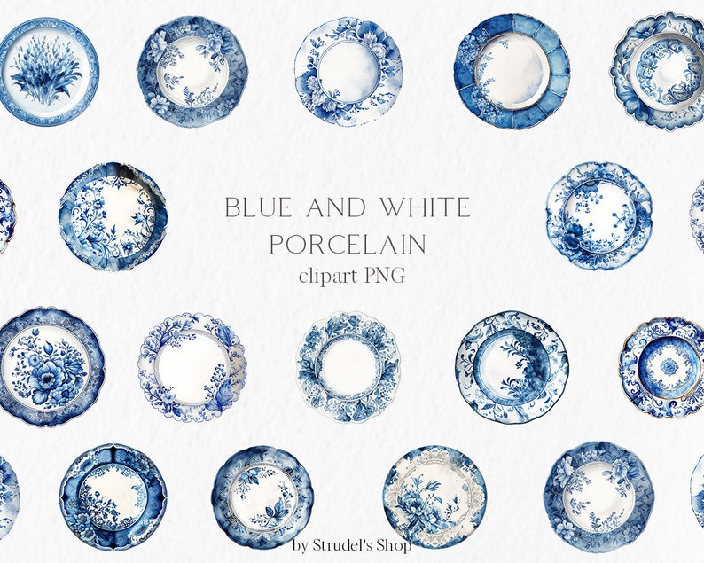May include: A set of 12 blue and white porcelain plates with floral designs. The plates are watercolor illustrations, perfect for crafting or digital projects.  "BLUE AND WHITE PORCELAIN clipart PNG" by "Strudel's Shop"