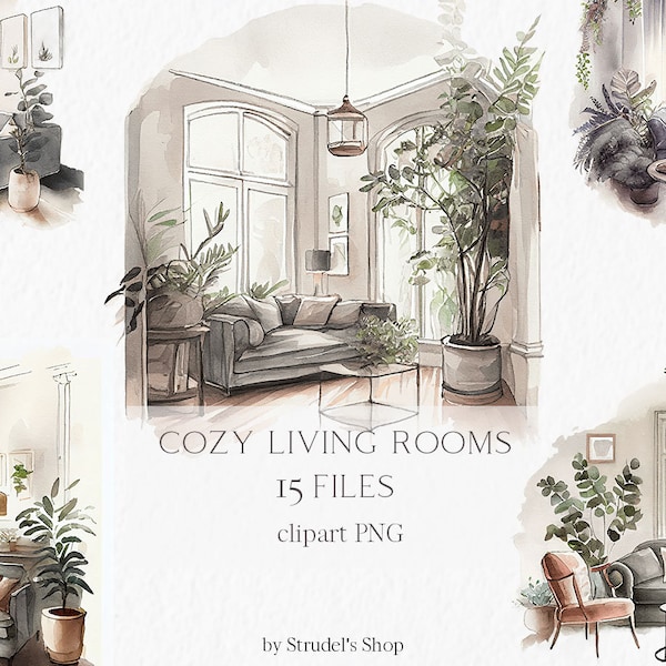 Cozy living rooms Watercolor Clipart PNG - scene furniture background scene interior cozy home illustration hygge sublimation #b69