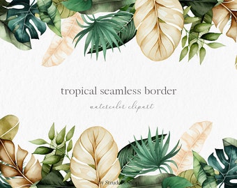 Jungle seamless border Watercolor Clipart PNG - tropical summer botanical greenery background sublimation designs floral wedding #c82