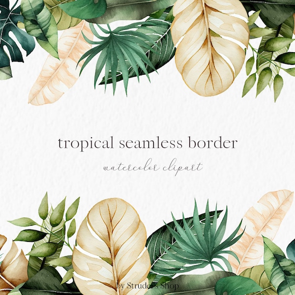 Jungle seamless border Watercolor Clipart PNG - tropical summer botanical greenery background sublimation designs floral wedding #c82