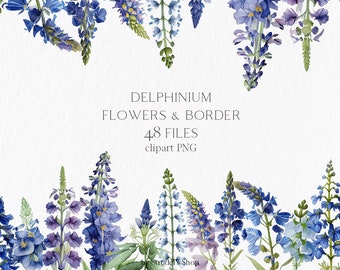 Delphinium Clipart PNG, Blue Flower Seamless Border, Wildflower Bouquet, Botanical Floral Digital Download #b98