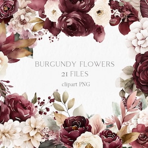 Aquarelle de fleurs bordeaux et roses Clipart PNG - Faire-part de mariage floral fleurs de mariée #b37