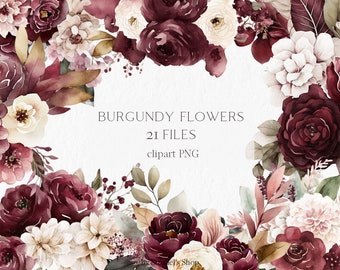 Burgundy and blush flowers Watercolor Clipart PNG - floral wedding invitations bridal flowers #b37