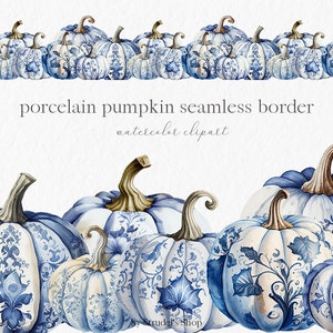 Fall seamless pumpkin border Watercolor Clipart PNG - blue white pumpkin harvest autumn thanksgiving fall floral digital frame #c141