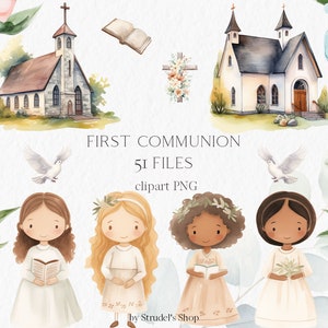 Erstkommunion Aquarell Clipart - Kirche Kreuz Engel Religion Bibel Blumen Ostern Heilige Kommunion Christliche Katholiken #b127