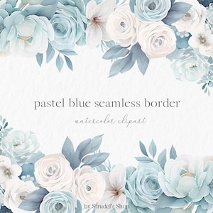 Stoffige blauwe naadloze bloemenrand aquarel clipart png - pastelblauw bloemenboeket #c90