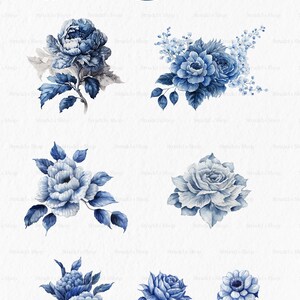 May include: Blue and white floral illustrations, including a pitcher, plates, and various flower arrangements. The illustrations are painted in a watercolor style.
