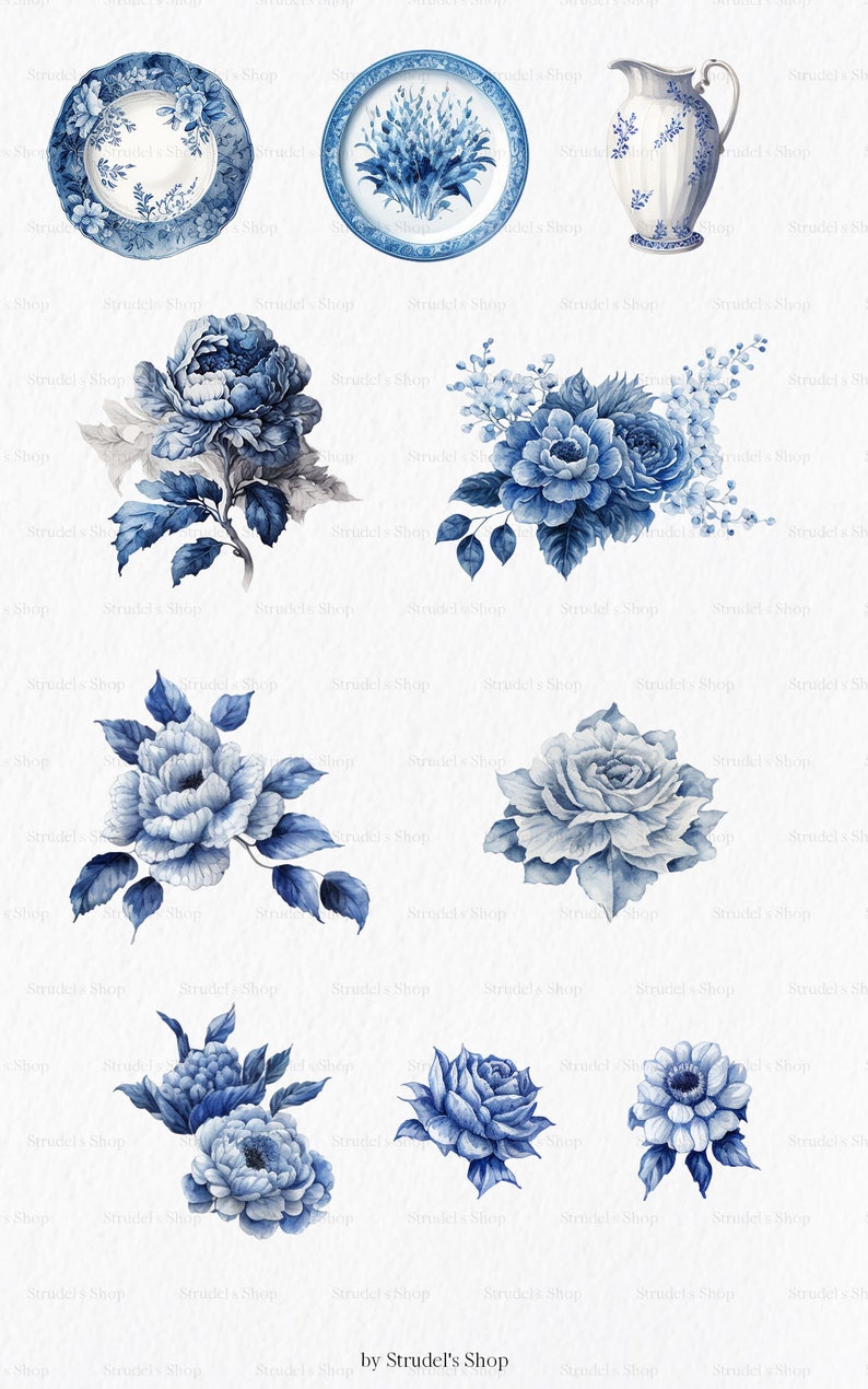 May include: Blue and white floral illustrations, including a pitcher, plates, and various flower arrangements. The illustrations are painted in a watercolor style.