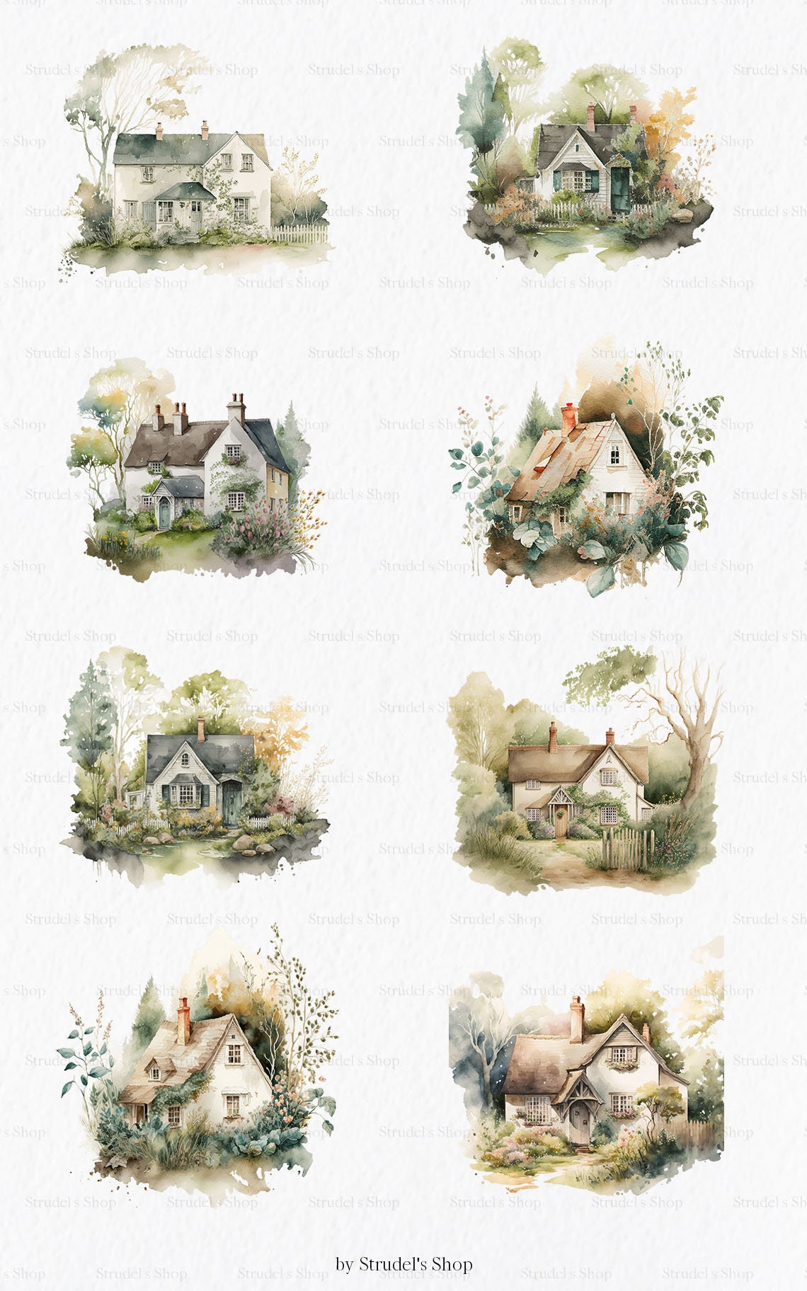 Cozy Village Houses Watercolor Clipart PNG - Cottage Farm Farmhouse ...