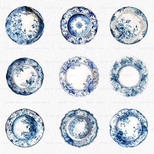 May include: Set of twelve watercolor illustrations of blue and white porcelain plates with various floral and geometric designs. The plates are isolated on a white background.