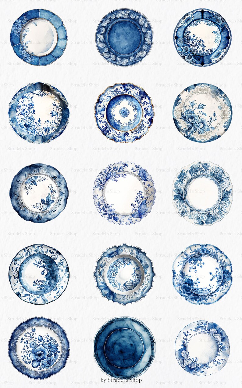May include: Set of twelve watercolor illustrations of blue and white porcelain plates with various floral and geometric designs. The plates are isolated on a white background.