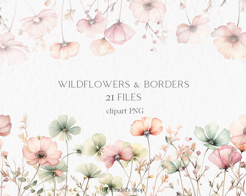 K&ouml;nnte beinhalten: Ein Set mit 21 Aquarell-Clipart-Bildern mit zarten Wildblumen und Bord&uuml;ren in sanften Rosa-, Gr&uuml;n- und Wei&szlig;t&ouml;nen. Die Bilder sind perfekt, um Ihren Designs einen Hauch von Natur zu verleihen.
