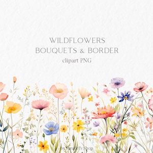Bouquet de fleurs sauvages bordure transparente aquarelle png - bordure florale d'été clipart prairie de fleurs sauvages mariage #b229