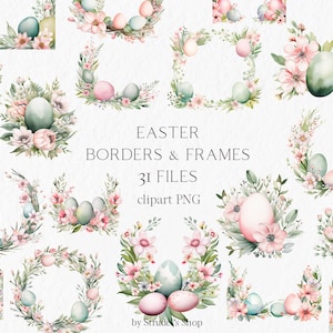 Salbei grün rosa Ostern Clipart - Sublimation png Osterei Rahmen Rahmen Aquarell PNG Frohe Ostern Ostern Einladung Clipart #b148