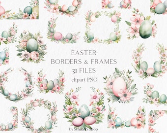 Sage green pink easter clipart - sublimation png easter egg border wreath frame watercolor PNG happy easter easter invitation clipart #b148