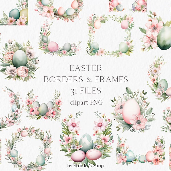 Sage green pink easter clipart - sublimation png easter egg border wreath frame watercolor PNG happy easter easter invitation clipart #b148