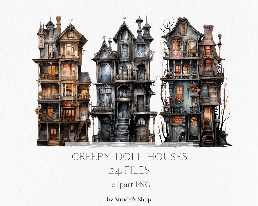 Creepy Doll Houses Watercolor Clipart PNG - Trick or Treat Halloween ...