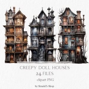 Case delle bambole raccapriccianti acquerello Clipart PNG - dolcetto o scherzetto decorazione di Halloween casa stregata parete gotica arte spettrale spaventoso horror #b172