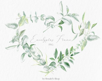 Watercolor Heart Wreath Greenery Floral Valentines Day Eucalyptus Botanical Frame Love Branch clipart PNG #c40
