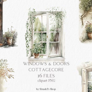 Ventanas y puertas Acuarela Clipart PNG - diseño de sublimación cottagecore escena planificador de casa pegatinas acogedora casa vintage #b42