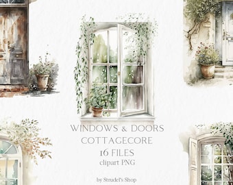 Windows and doors Watercolor Clipart PNG - sublimation design cottagecore scene home planner stickers cozy vintage house #b42