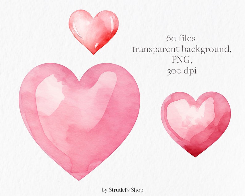 May include: Three watercolor hearts in shades of pink and red. The hearts are isolated on a white background.