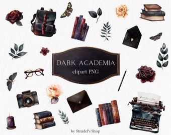 Dark academia Watercolor Clipart PNG - gothic bookworm planner stickers dark aesthetic student clipart #b113