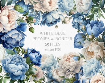 White blue peonies bouquet, seamless border watercolor clipart PNG #b108
