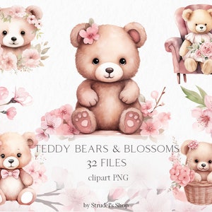 Clipart kersenbloesem teddybeer - aquarel Valentijnsdag png bloemen moederdag lente bloem roze hart baby botanisch #b218