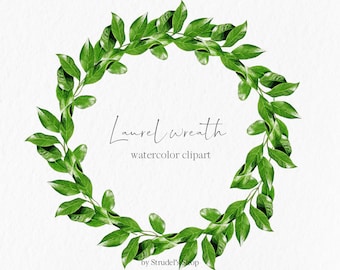Laurel wreath watercolor PNG clipart leaves hand drawn floral clip art minimalist wedding greenery logo green branches #c57