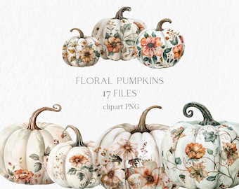 Floral Pumpkin Clipart PNG, White Fall Pumpkins, Autumn Thanksgiving Halloween Decor, Rustic Digital Download #b89