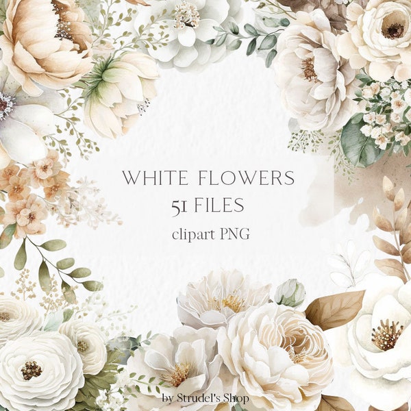 White flowers Watercolor Clipart PNG - wedding invitation floral arrangement botanical clipart sublimation design #b16