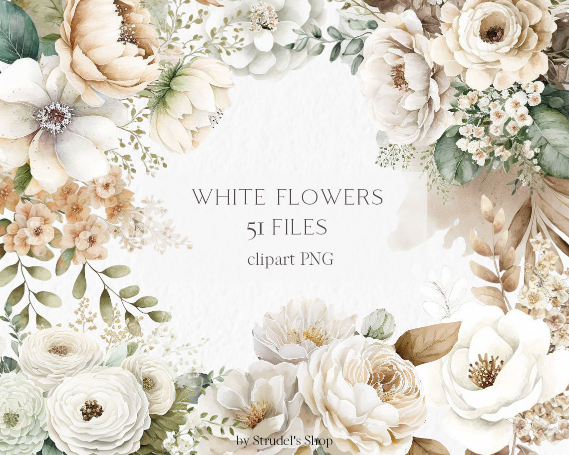 Weiße Blumen Aquarell Clipart PNG - Hochzeitseinladung Blumengesteck botanische Clipart Sublimationsdesign #b16