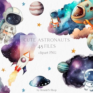 Cute astronaut Watercolor Clipart PNG - birthday party clipart spaceship rocket planets outer space #b86