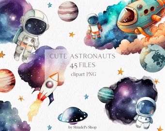 Cute astronaut Watercolor Clipart PNG - birthday party clipart spaceship rocket planets outer space #b86
