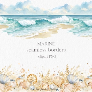 May include: A digital graphic featuring a watercolor ocean scene with blue waves and a sandy beach, followed by a bottom border of tan seashells, starfish, and seaweed. The text reads: MARINE seamless borders clipart PNG by Strudel's Shop.