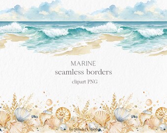 Watercolor Marine Seamless Borders Clipart, Beach Shell Border PNG, Coastal Wedding Clipart, Summer Ocean Border b206