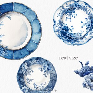 May include: Three blue and white porcelain plates with floral designs. The plates have a scalloped edge and are decorated with blue flowers and leaves. The text "real size" is written in black below the plates.