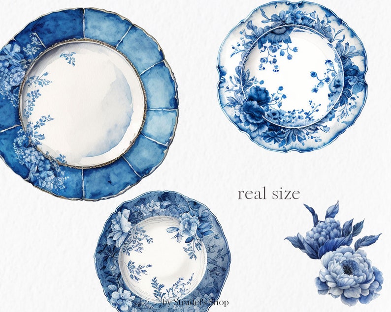 May include: Three blue and white porcelain plates with floral designs. The plates have a scalloped edge and are decorated with blue flowers and leaves. The text "real size" is written in black below the plates.