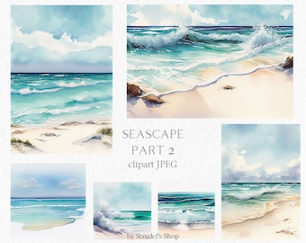 Ocean landscape Watercolor Clipart PNG - scenery beach sea summer background nature travel #b122