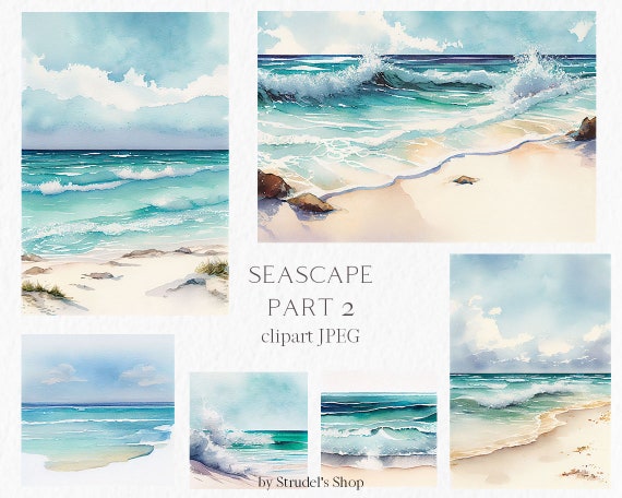 Ocean landscape Watercolor Clipart PNG - scenery beach sea summer background nature travel #b122