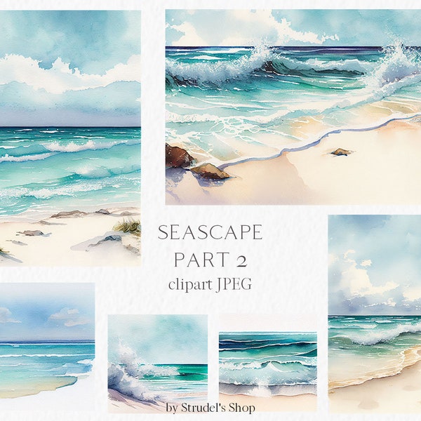 Océan paysage aquarelle Clipart PNG - paysage plage mer été fond nature voyage #b122