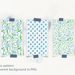May include: Three seamless patterns featuring blue forget-me-not flowers on a white background. The patterns are in PNG format.