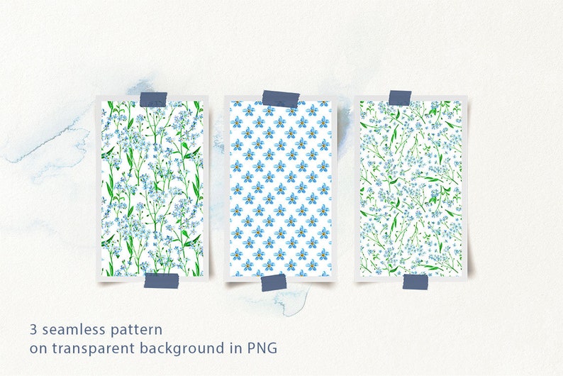 May include: Three seamless patterns featuring blue forget-me-not flowers on a white background. The patterns are in PNG format.