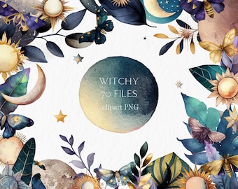 Witchy Watercolor Clipart PNG -  mystical crescent sun star butterflies moths gothic celestial sublimation designs #b94