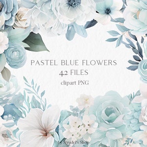 Pastel blauwe bloem aquarel Clipart PNG - zachte pastel bruiloft uitnodiging stoffige blauwe baby douche bloemstukken bloemboeket #b35