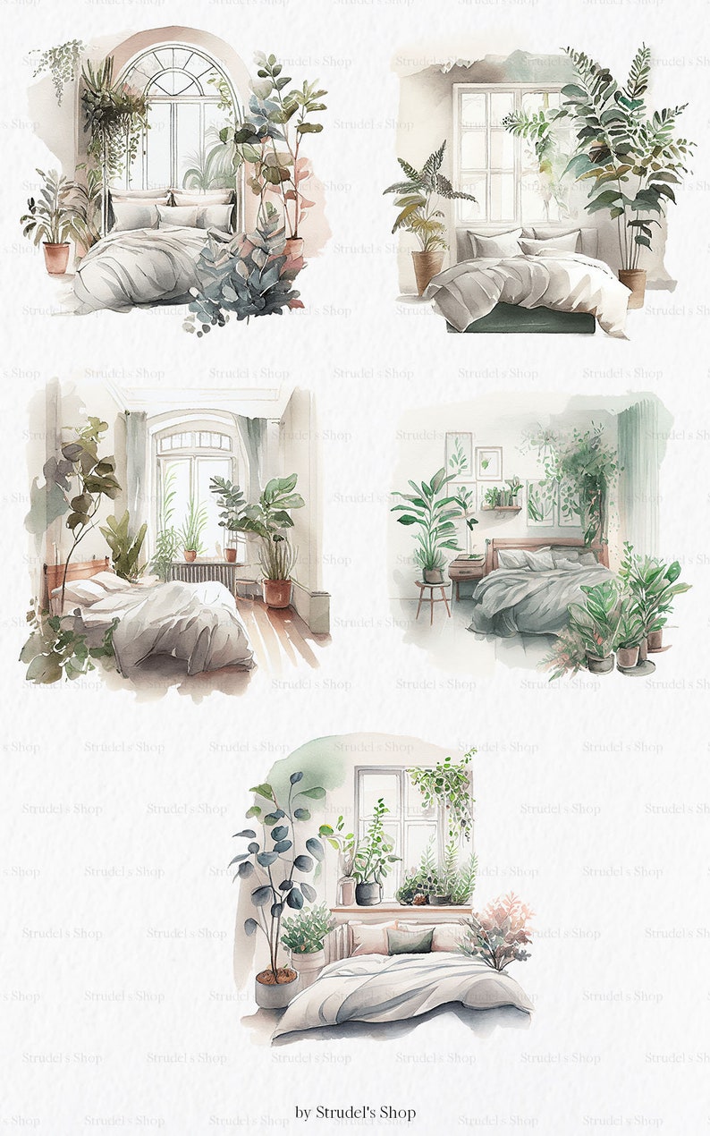 Cozy Bedrooms Watercolor Clipart PNG - Cozy Home Interior Aesthetic ...