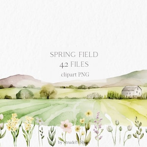 Lente veld aquarel clipart png - weide bloemen landschap wilde bloemen vogel schattig zomer bloemen #b23