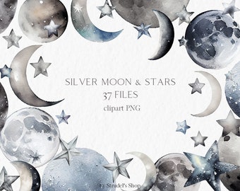 Watercolor moon star clipart - silver crescent moon winter celestial mystical magical PNG fantasy holiday witchy aesthetic moon phase #b95