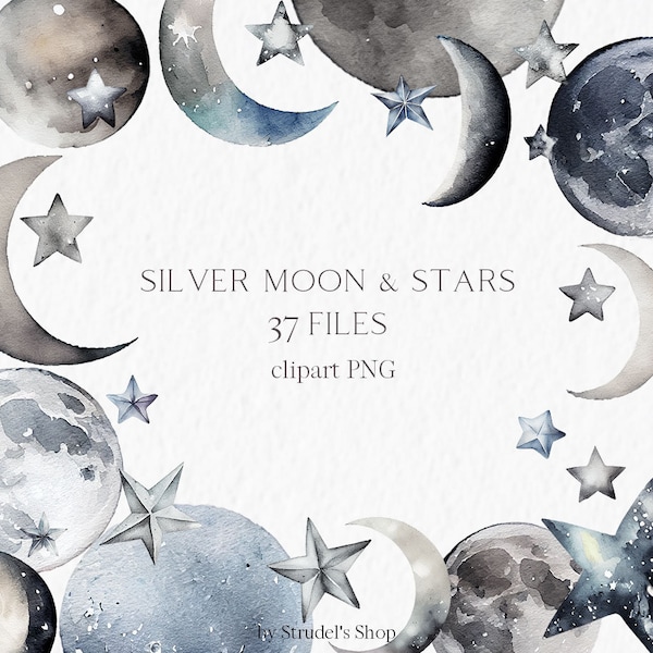 Watercolor moon star clipart - silver crescent moon winter celestial mystical magical PNG fantasy holiday witchy aesthetic moon phase #b95